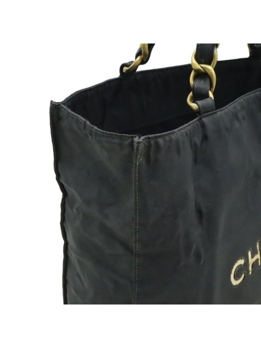 Chanel Chain Shoulder Big Tote Bag Nylon Black White Gold Hardware - Picture 5 of 9
